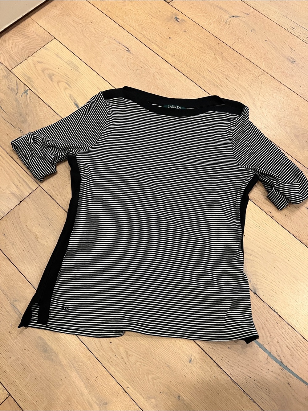 Lauren Ralph Lauren Black and White Striped Boatneck Short Sleeve Top